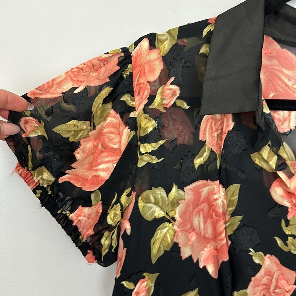 Unique Vintage Black Floral Fit-and-Flare Dress with Peach Roses - Picture 8 of 13